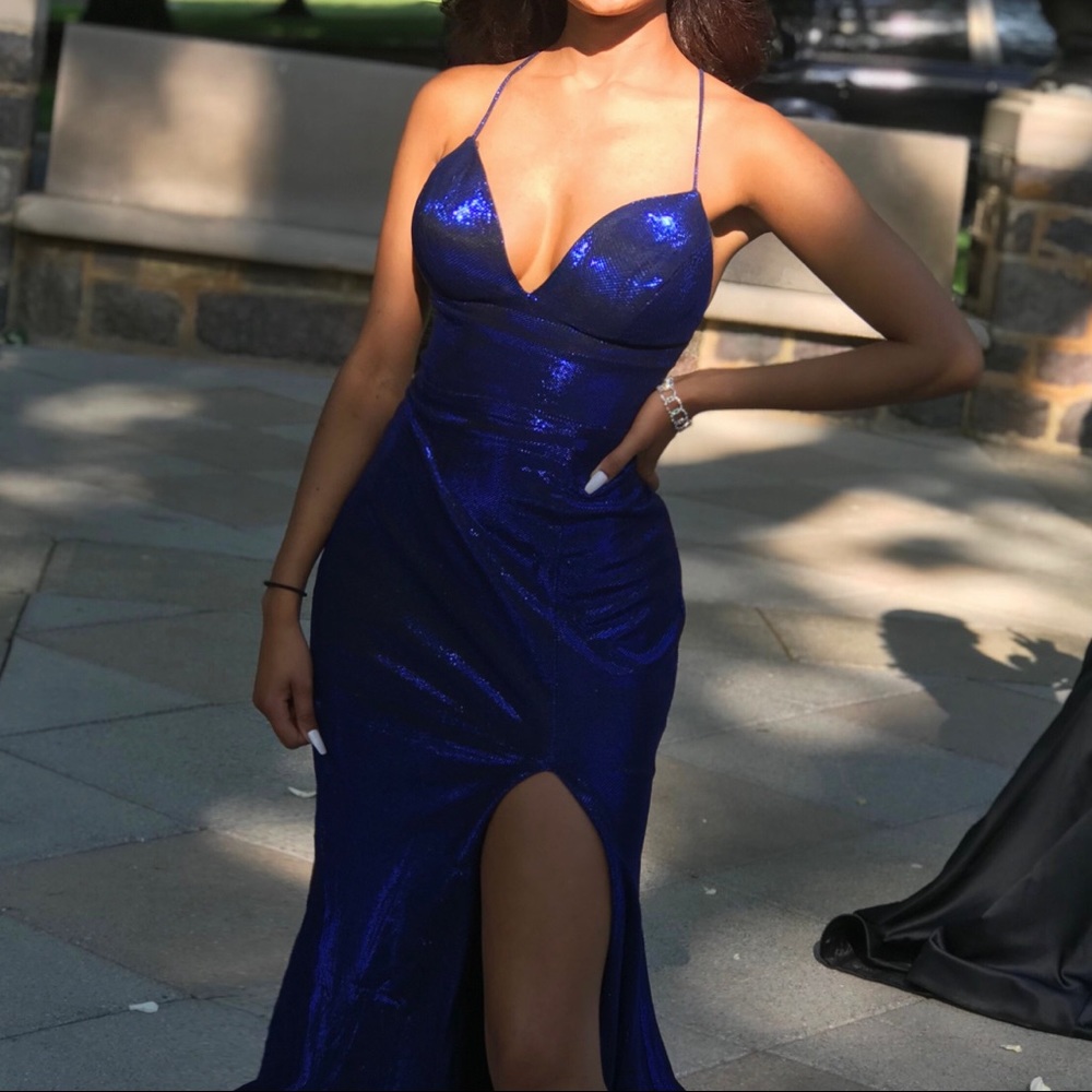 Blue Metallic Prom Dress